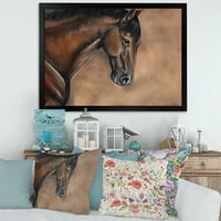 Dizajnerski crtež portret uvalskog konja izbliza uokviren seoskom kućom
