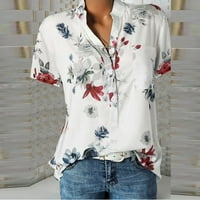 Ženske cvjetne majice širokog kroja udobne pamučne lanene bluze kratkih rukava s kratkim rukavima bijele majice od 2 inča