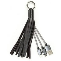 Lanac ključeva s kožnim resicama s kabelom za punjač telefona iPhone android USB kabel kabela munje - crni