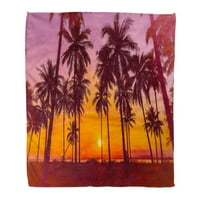 Plaid topla ugodna flanelska deka s printom silueta kokosovih palmi na plaži pri zalasku sunca vintage ton udoban mekan za krevet