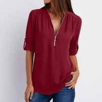 Šifonske bluze za žene, elegantne ženske ljetne košulje dugih rukava, ležerna tunika s patentnim zatvaračem, bluza s izrezom u obliku