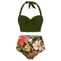 Ženski crop topovi s cvjetnim printom visokog struka + kratke hlače, Dva kupaća kostima s naramenicama u zelenoj boji