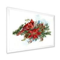 DesignArt 'božićna crvena kardinalna ptica i poinsettia' tradicionalni uokvireni umjetnički tisak