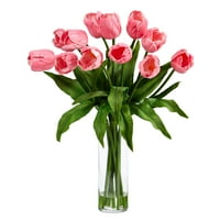 Gotovo prirodno 23in. Umjetni raspored tulipana s staklenom vazom cilindra, ružičasta