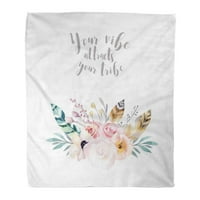 Akvarelni flanelski pokrivač s cvjetnim lišćem grančicama cvijeća i perja Indigo akvarel mekan za krevet na kauču i kauču