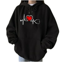 Duksevi za Valentinovo za žene, pulover sa slatkim grafičkim printom s kapuljačom s dugim rukavima, Crni;