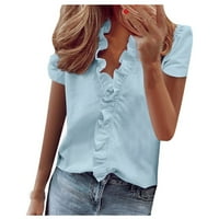 Women's Summer Ruffle V-Neck Short Sleeve Solid Print Casual Dressy T-Shirt Top