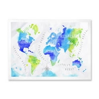 Dizajnerska umjetnost karta svijeta u plavo-zelenim tonovima uokvireni moderni umjetnički tisak