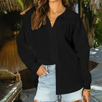 Plus Size Ženska ležerna košulja s reverom dugih rukava jednobojni gornji dio jednoredni kardigan bluza za odmor poklon Crna