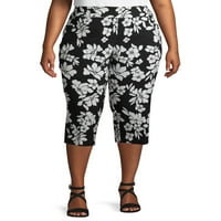 Terra & Sky Women's Plus Size Tiskana rastezanja tkane Capri Capri hlače s kontrolom trbuha