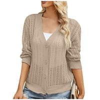 Kardigan za žene, pleteni džemperi s izrezom u obliku slova U, široka ležerna jednobojna jakna dugih rukava, Kaki kardigan u boji